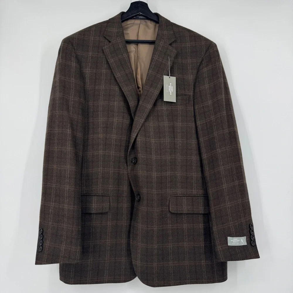 Hart Schaffner Marx Mens 46R Brown Plaid 100% Worsted Wool Blazer Sport Coat USA